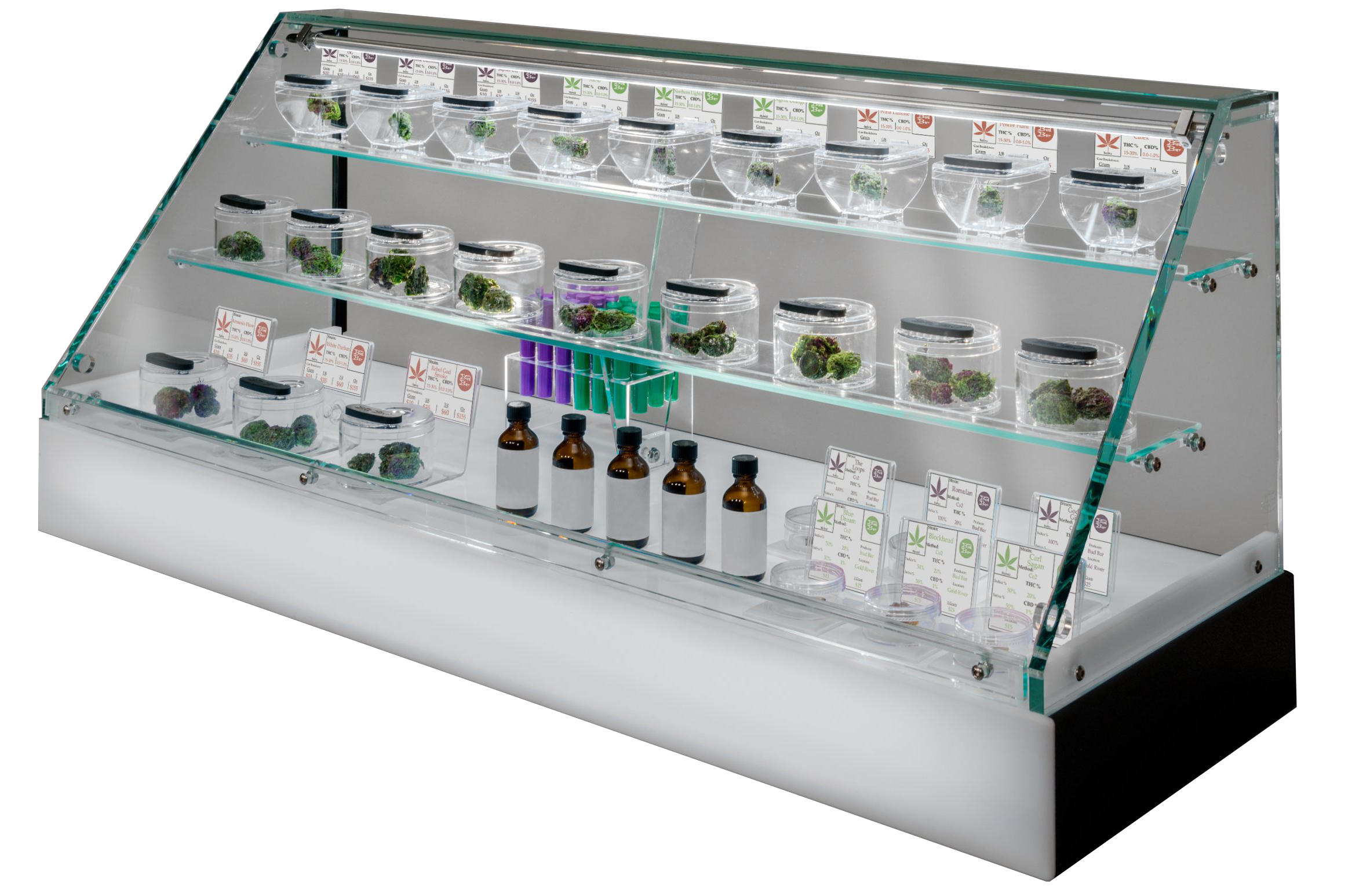 A dispensary display bar with the THC and CBD content of the products being displayed.